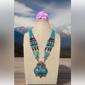 Vintage & Handcrafted Ethnic Tribal Multi Strand Silver Necklace & Stones 179gr